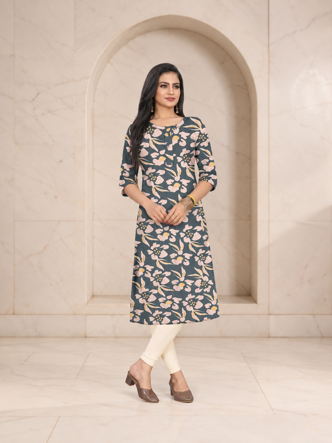 Easy Teal Grey Rayon Long Kurti with Floral Print and Pockets, view 1
