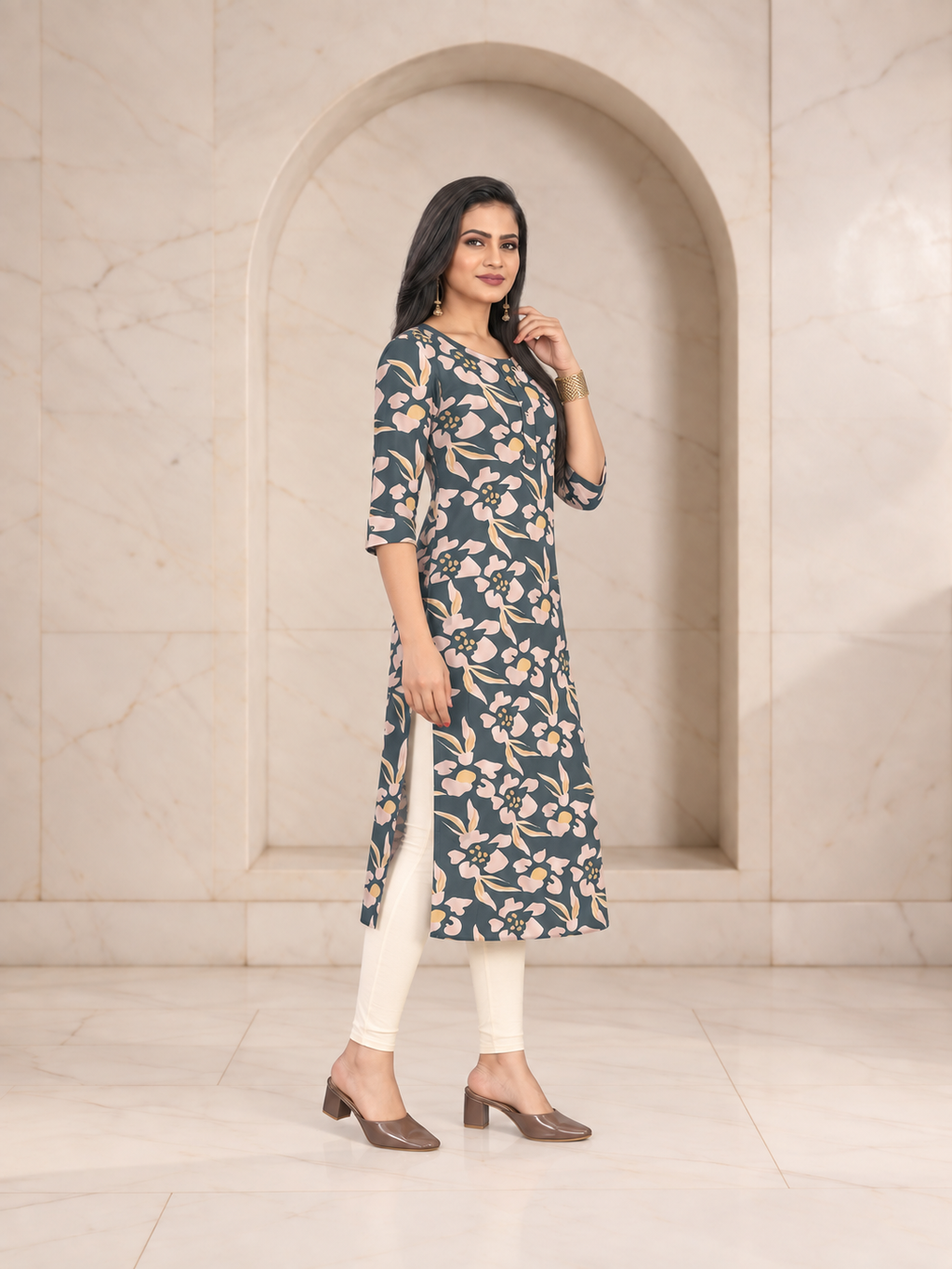 Easy Teal Grey Rayon Long Kurti with Floral Print and Pockets, view 3