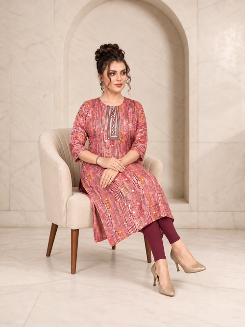 Breezy Dusty Rose Rayon Long Kurti with Foil Print, view 2