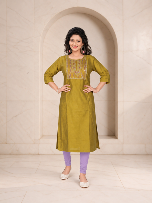 Chic Mehendi Green Long Kurti with Sequin Embroidered Yoke, view 1