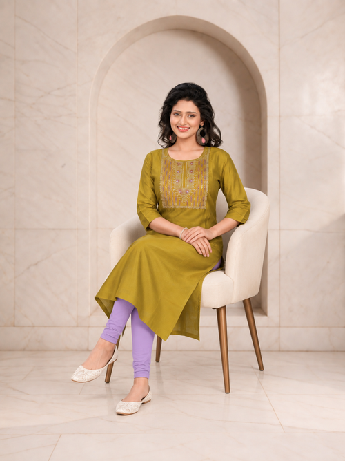 Chic Mehendi Green Long Kurti with Sequin Embroidered Yoke, view 2