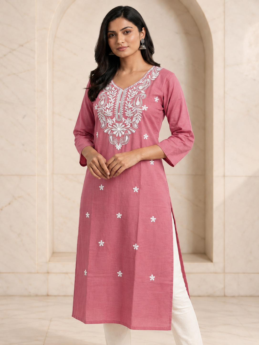 Graceful Dusty Pink Long Kurti with White Thread Embroidery, view 4