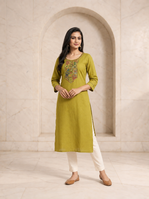 Breathable Olive Green Cotton Long Kurti with Embroidered Yoke, view 1