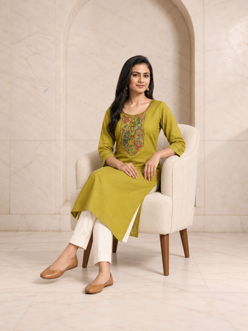 Breathable Olive Green Cotton Long Kurti with Embroidered Yoke, view 2