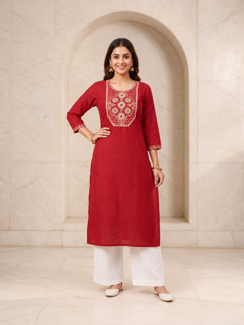 Breathable Red Cotton Long Kurti with Tonal Embroidered Yoke, view 1
