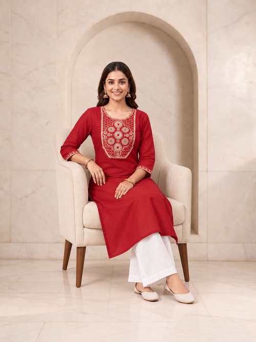 Breathable Red Cotton Long Kurti with Tonal Embroidered Yoke, view 2