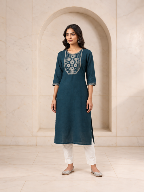 Breathable Teal Blue Cotton Long Kurti with Embroidered Yoke, view 1