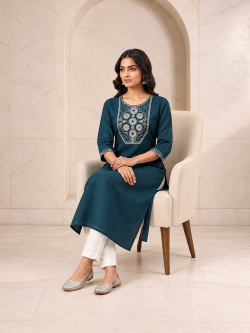 Breathable Teal Blue Cotton Long Kurti with Embroidered Yoke, view 2