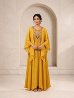 Radiant Mustard Crushed Silk Gown with Embroidered Cape, view 1