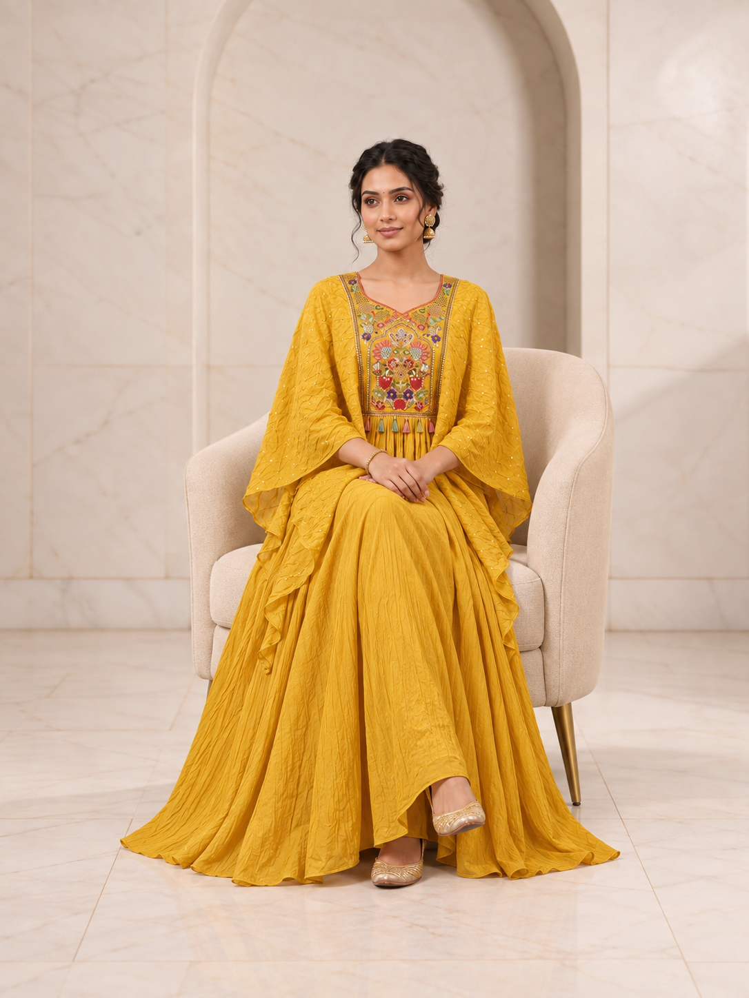 Radiant Mustard Crushed Silk Gown with Embroidered Cape, view 2