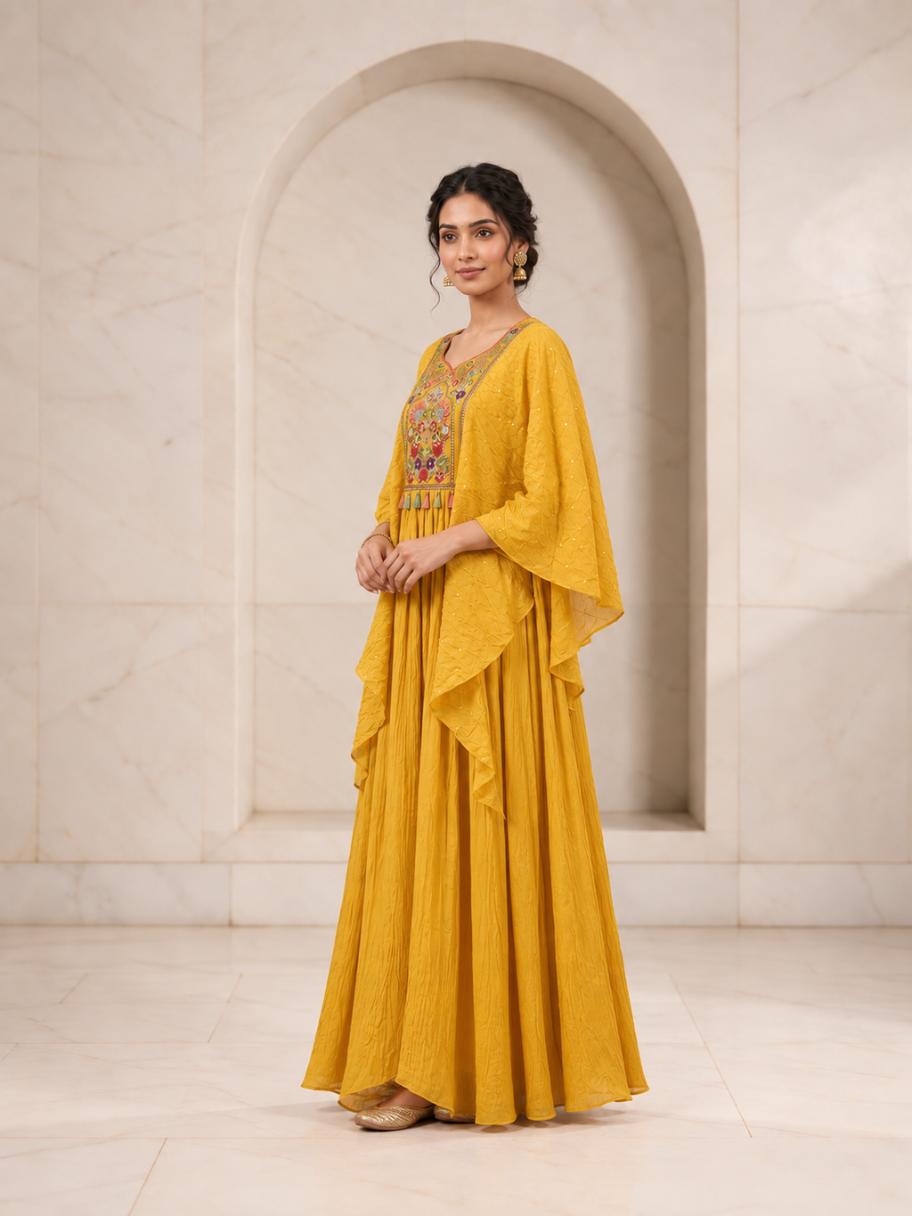 Radiant Mustard Crushed Silk Gown with Embroidered Cape, view 3