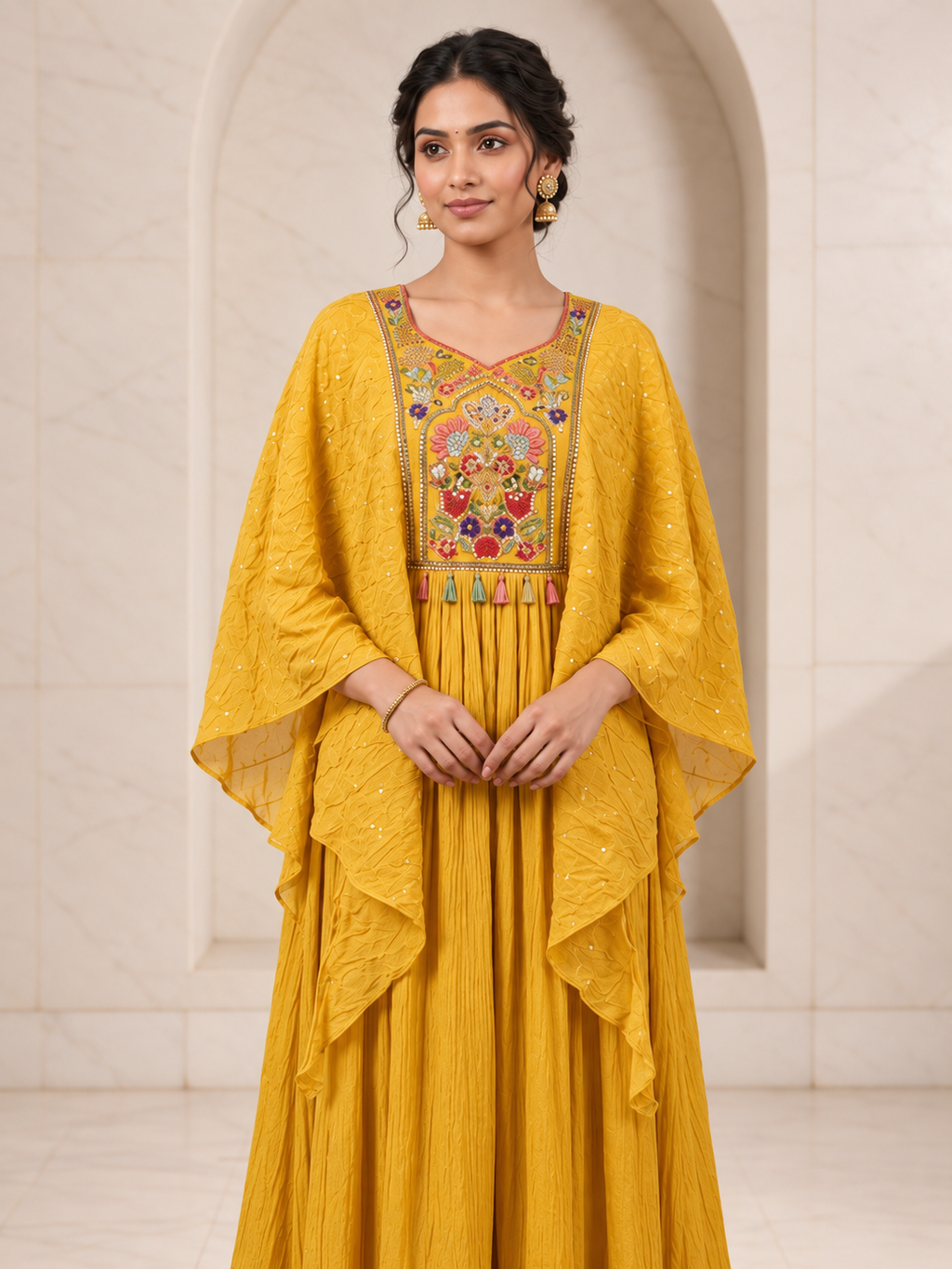 Radiant Mustard Crushed Silk Gown with Embroidered Cape, view 4