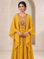 Radiant Mustard Crushed Silk Gown with Embroidered Cape, view 4