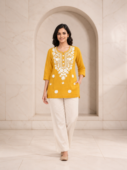 Breathable Mustard Short Kurti with Chikankari Work and Pockets, view 1