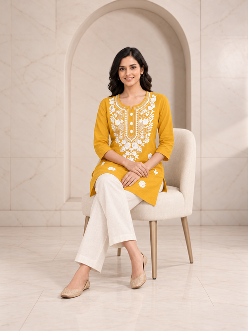 Breathable Mustard Short Kurti with Chikankari Work and Pockets, view 2