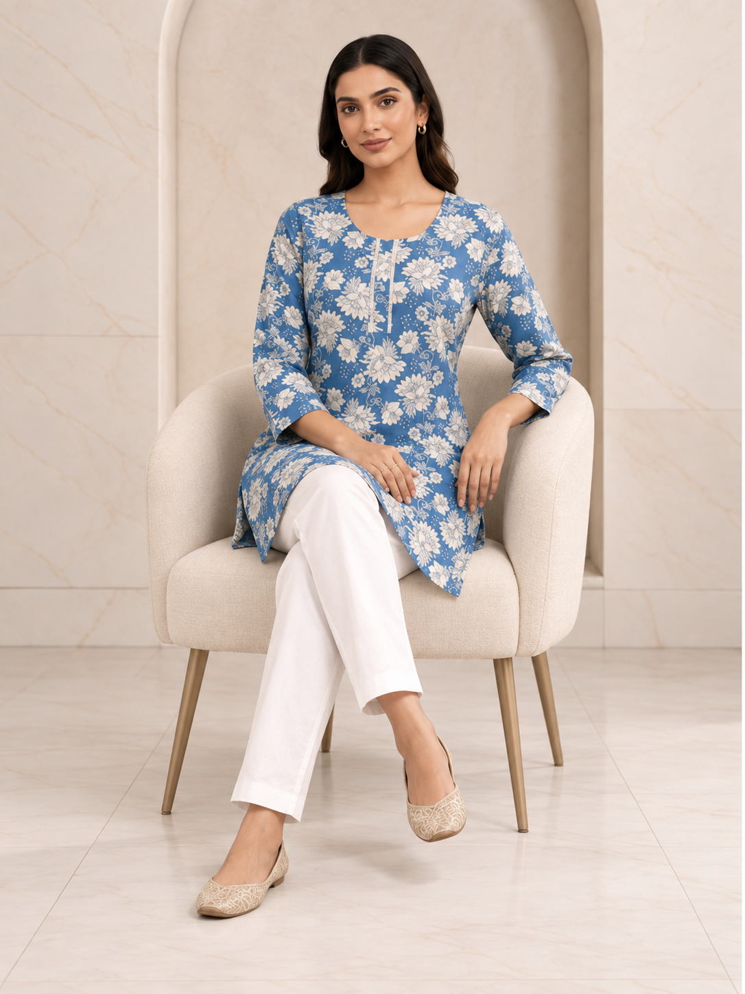 Fresh Sky Blue Rayon Short Kurti with White Floral Print, view 2