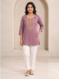 Charming Mauve Short Kurti with Multicolour Embroidered Yoke, view 1