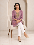 Charming Mauve Short Kurti with Multicolour Embroidered Yoke, view 2