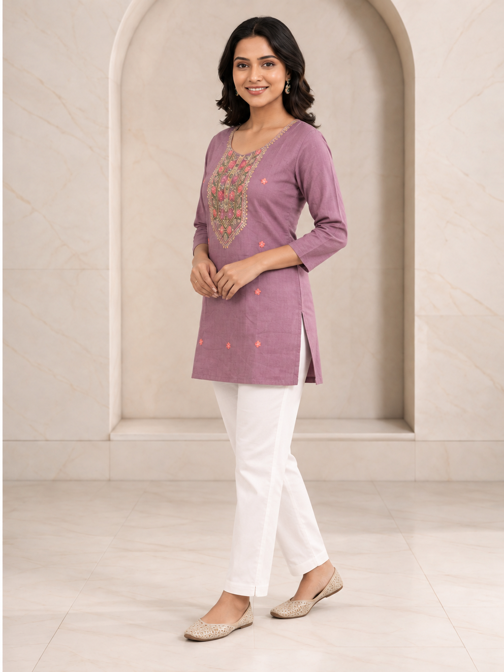 Charming Mauve Short Kurti with Multicolour Embroidered Yoke, view 3