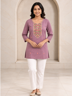 Charming Mauve Short Kurti with Multicolour Embroidered Yoke, view 4