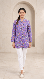 Playful Lavender Cotton Short Kurti with Floral Print, view 1