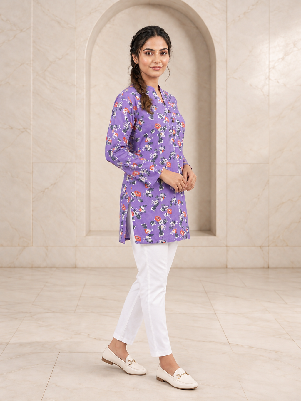 Playful Lavender Cotton Short Kurti with Floral Print, view 3