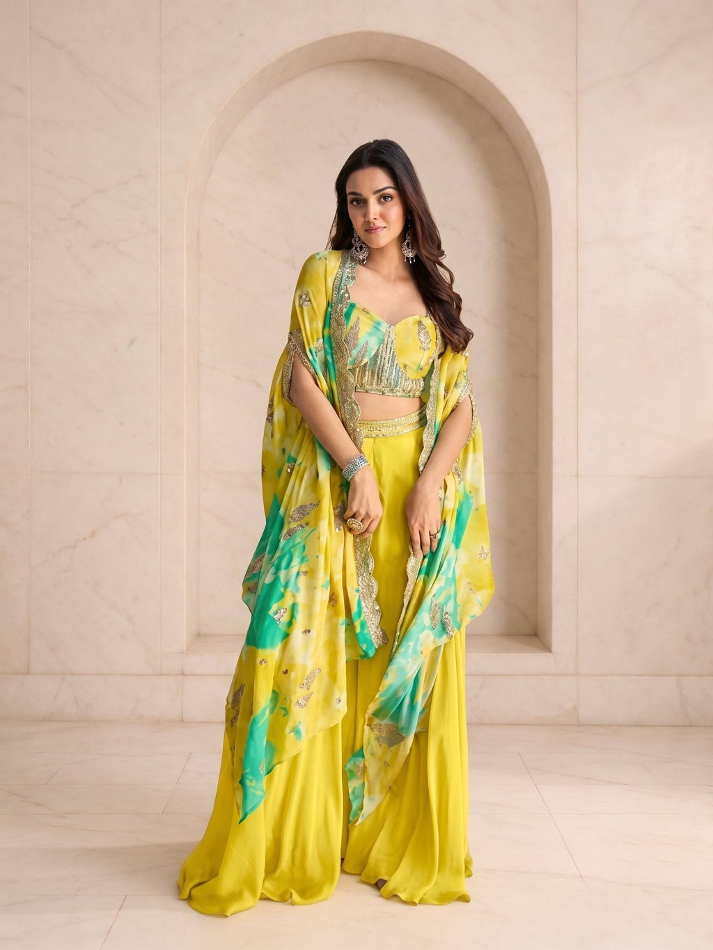 Lime yellow printed organza cape with gold embroidered blouse and sharara