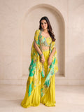 Lime yellow printed organza cape with gold embroidered blouse and sharara