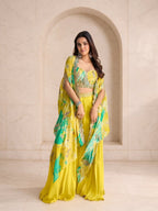 Lime yellow printed organza cape with gold embroidered blouse and sharara