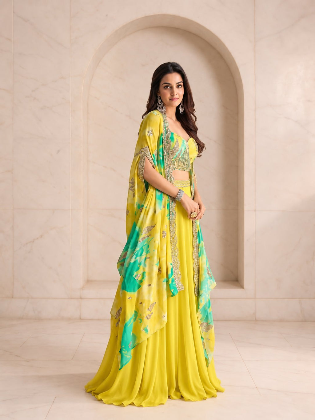 Lime yellow set gold embroidered blouse detail
