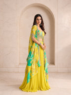 Lime yellow set gold embroidered blouse detail