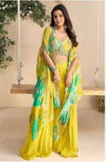 Lime Yellow Printed Cape, Embroidered Blouse & Sharara Set – Kavnika Festive Collection