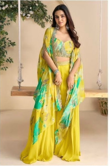 Lime Yellow Printed Cape, Embroidered Blouse & Sharara Set – Kavnika Festive Collection