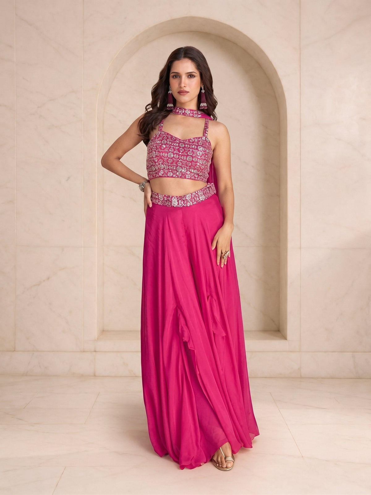 Magenta embellished crop top with choker drape, matching belt and palazzo