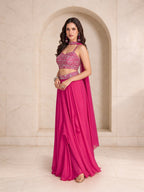 Magenta set embellished crop top and belt detail
