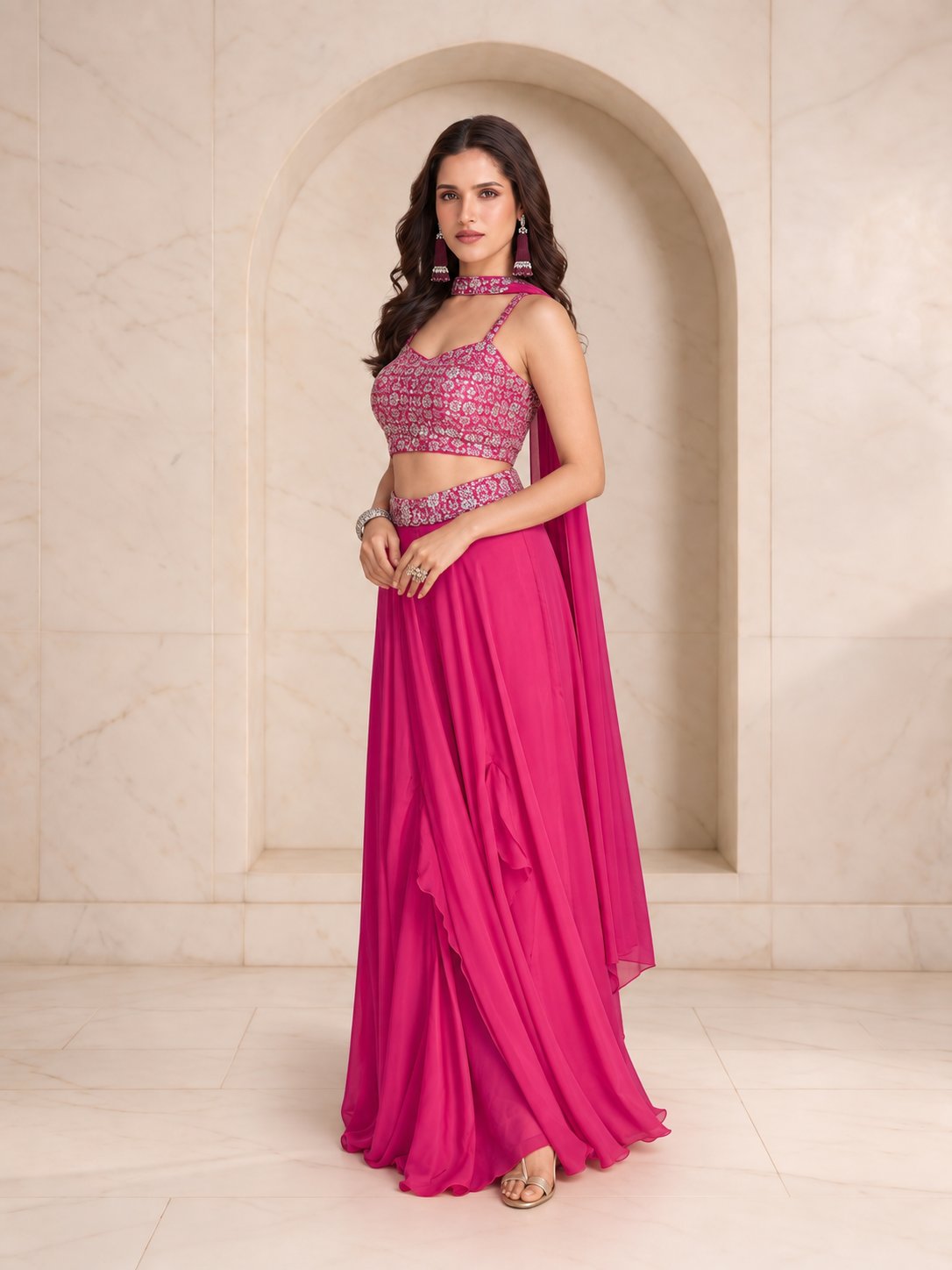 Magenta set embellished crop top and belt detail