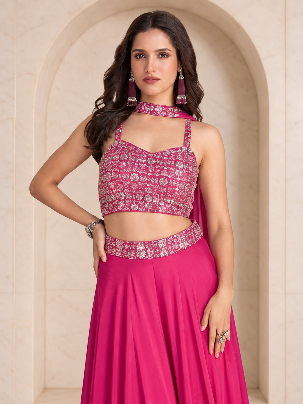 Magenta embellished crop top and palazzo party set, full length view