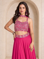 Magenta embellished crop top and palazzo party set, full length view