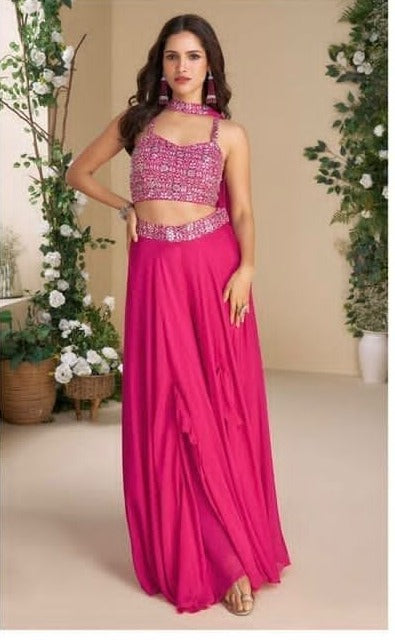 Magenta Embellished Crop Top, Belt & Palazzo Co-ord Set – Kavnika Festive Collection