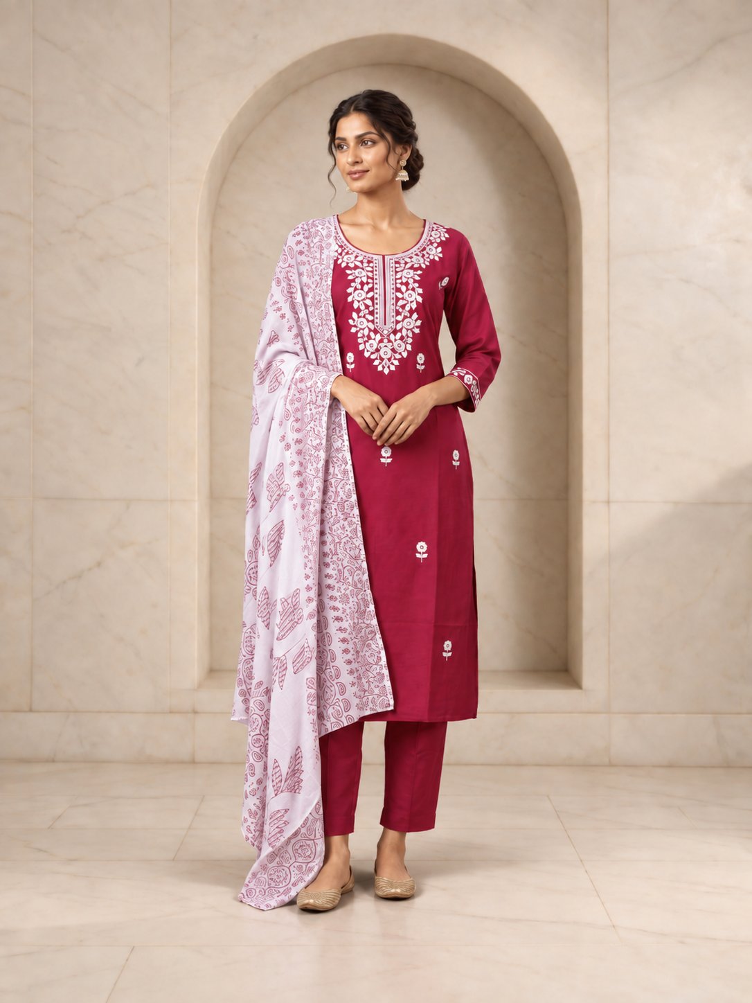 Maroon rayon chikankari kurta set with white embroidered yoke and printed cotton dupatta