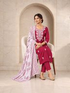 Maroon rayon chikankari kurta set, alternate view