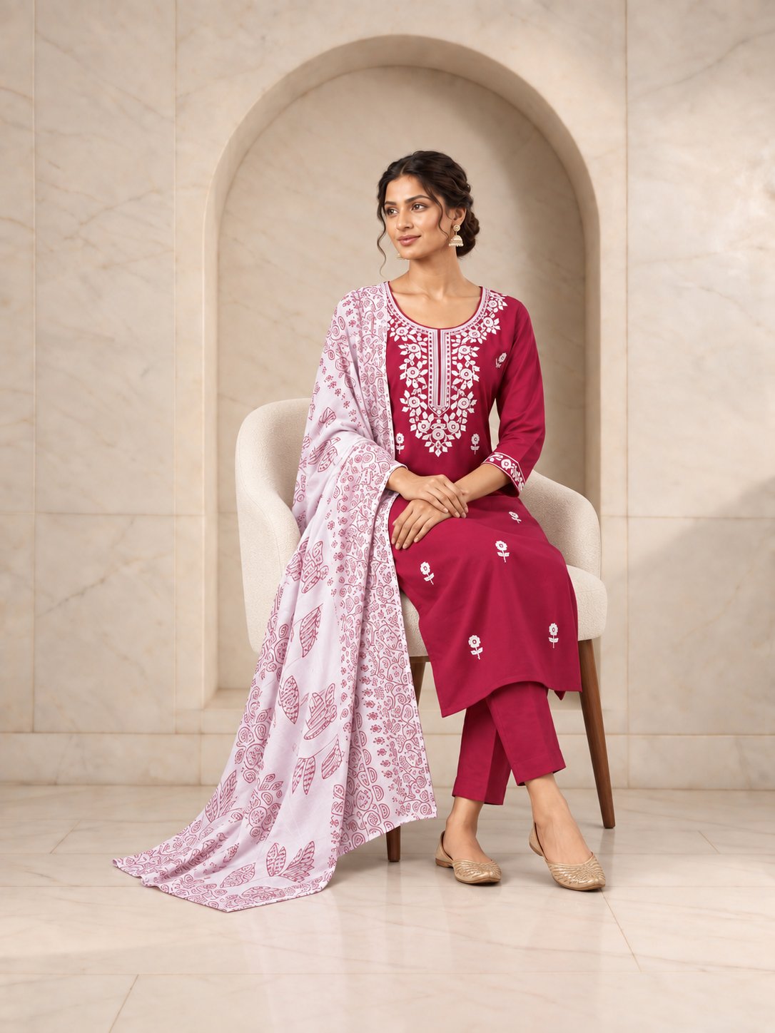 Maroon rayon chikankari kurta set, alternate view