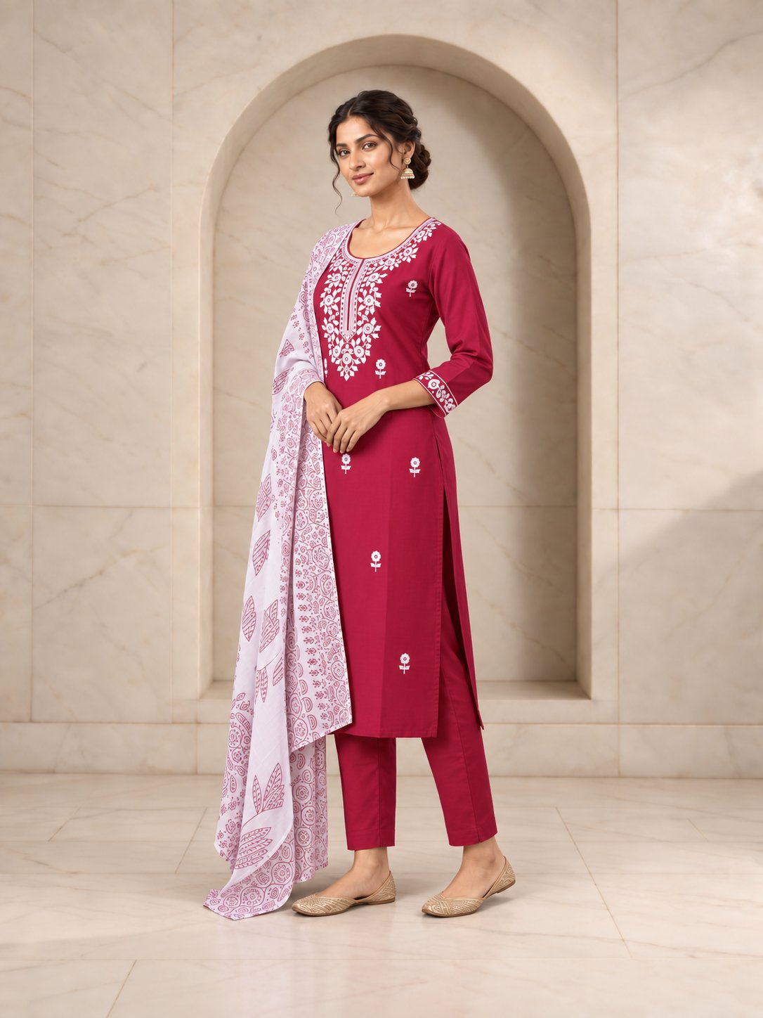 Maroon rayon kurta set white embroidery detail