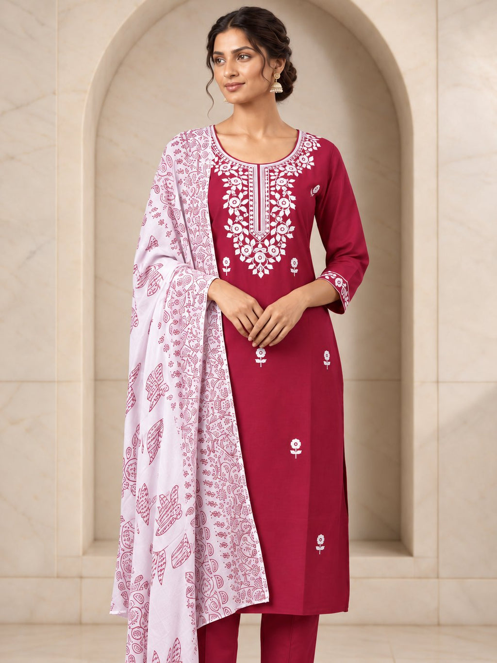 Maroon rayon kurta set with cotton dupatta, full length view