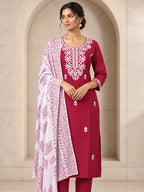 Maroon rayon kurta set with cotton dupatta, full length view