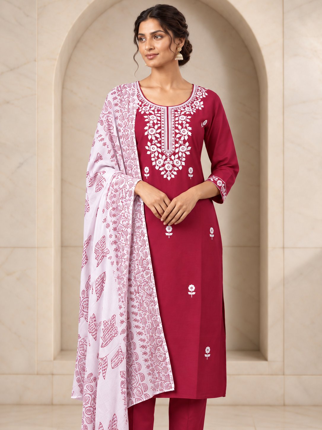 Maroon rayon kurta set with cotton dupatta, full length view