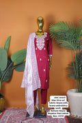 Maroon Rayon Kurta Set with White Thread Embroidery & Printed Cotton Dupatta – Kavnika Festive Collection