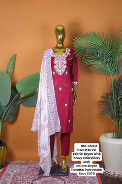 Breathable Maroon Chikankari Rayon Kurta Set with Cotton Dupatta