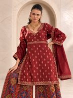 Classic Maroon Chiffon Sharara Set with Patola Print