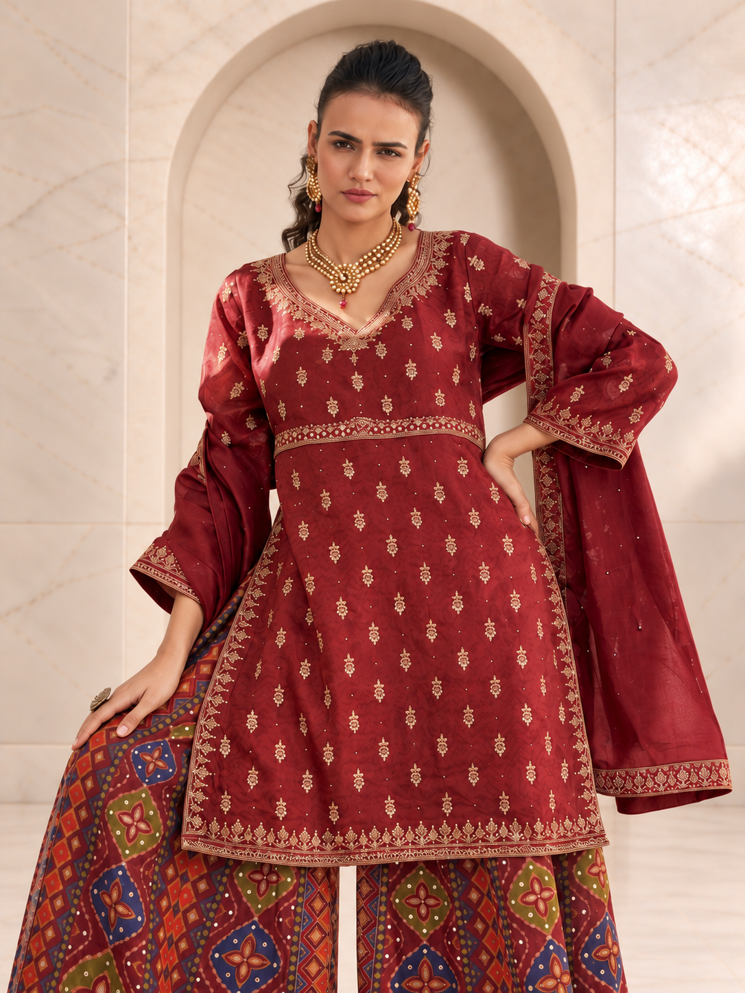 Classic Maroon Chiffon Sharara Set with Patola Print